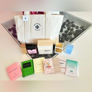 NWT- Chloe Lumineuse Perfume/Tory Burch Small Tote bag/Sample Set and miniatures